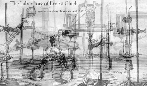 The Laboratory of Ernest Glitch, as used for Minimal Genome Cell Research in 1855. The Synthesis of Deoxyribonucleic Acid, and subsequent assembly of a cellular contained minimal gene set, is clearly discernable within the image