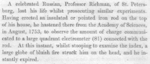 Richman`s demise, Rudimentary Electricity, Snow Harris 1853